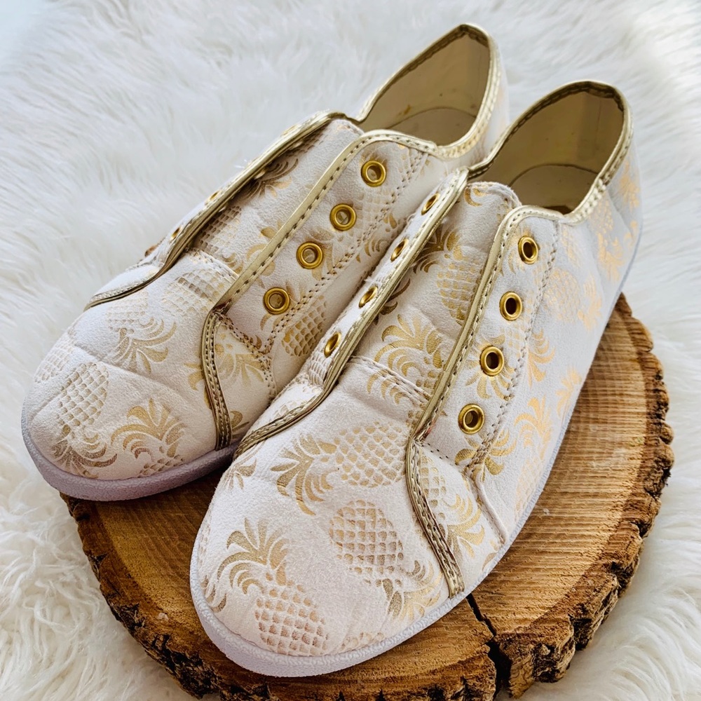 Cute White Canvas Gold Pineapple Print Boat Shoes